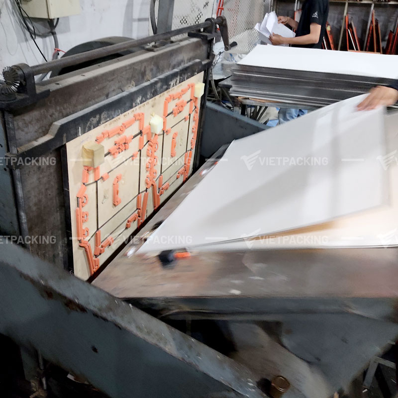 Khuôn bế được lắp vào máy bế để cắt tạo hình hộp carton